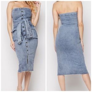 Denim Strapless Dress With Sleeve Tie